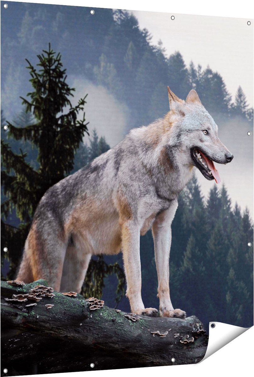 Gards Tuinposter Grijze Wolf in de Bossen - 120x150 cm - Tuindoek - Tuindecoratie - Wanddecoratie buiten - Tuinschilderij Multikleur
