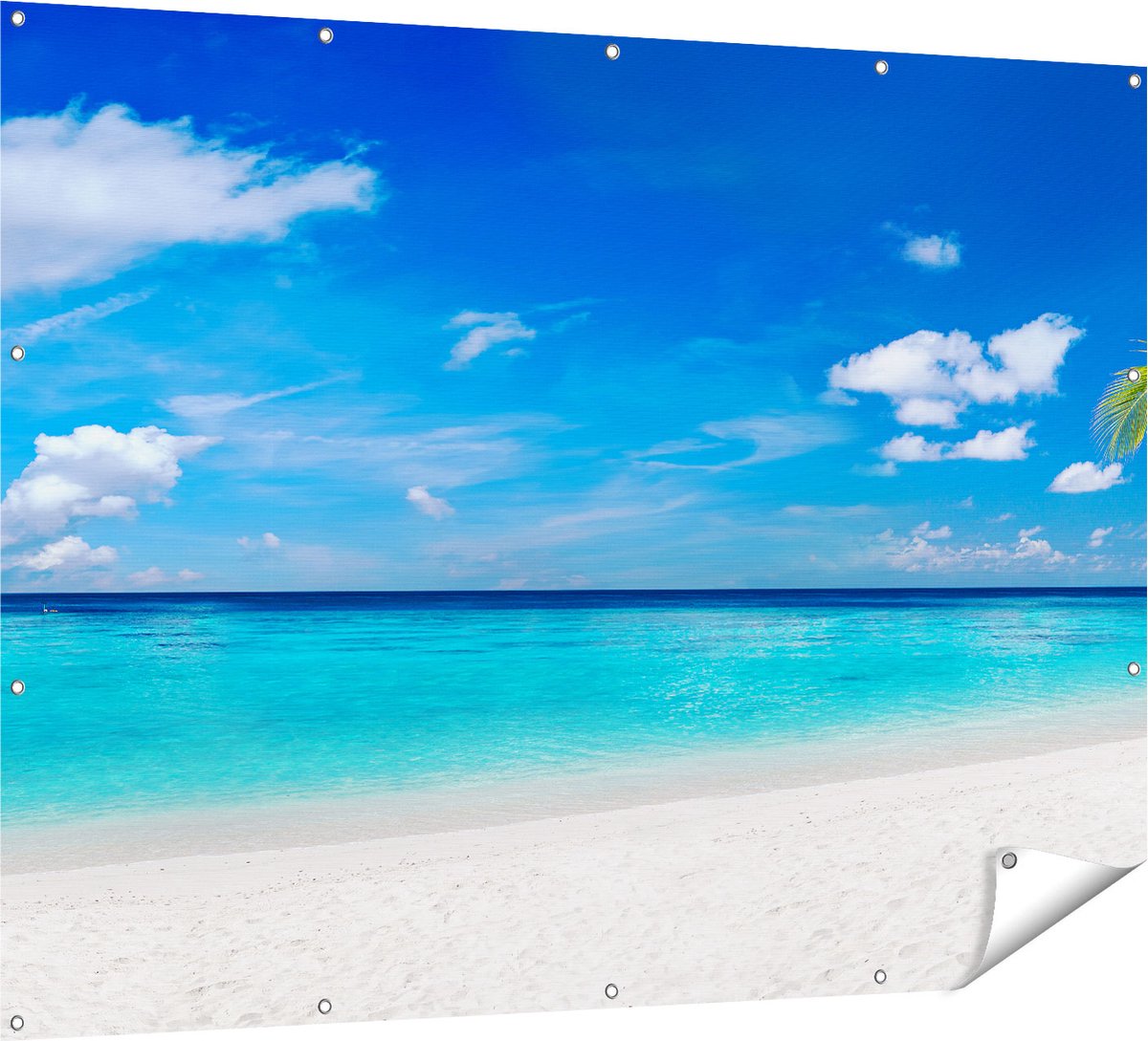 Gards Tuinposter Tropisch Strand met een Palmboom - 160x120 cm - Tuindoek - Tuindecoratie - Wanddecoratie buiten - Tuinschilderij Multikleur