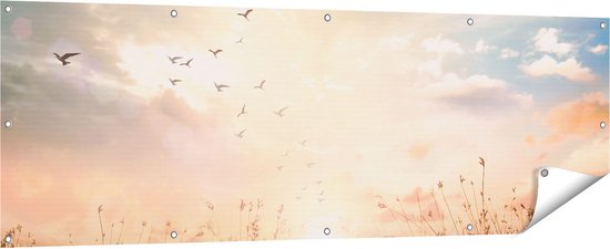 Gards Tuinposter Silhouet Vogels tijdens Zonsopkomst - 180x60 cm - Tuindoek - Tuindecoratie - Wanddecoratie buiten - Tuinschilderij