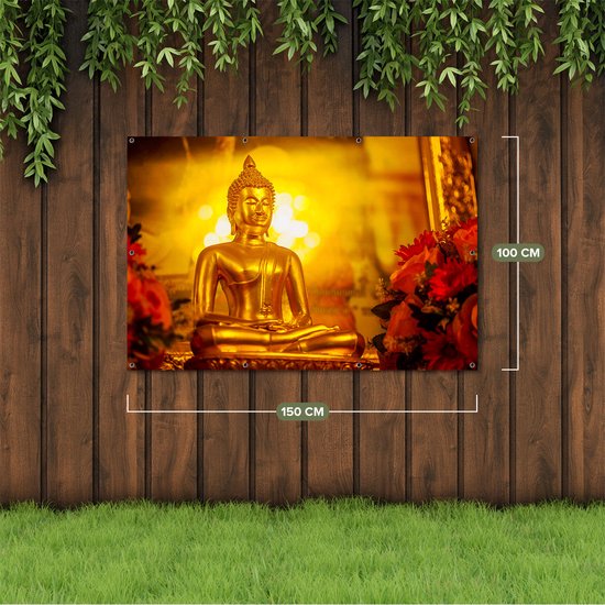Gards Poster de jardin Statue Bouddha doré - 150x100 cm - Toile de jardin - Décoration de jardin - Décoration murale extérieure - Tableau de jardin