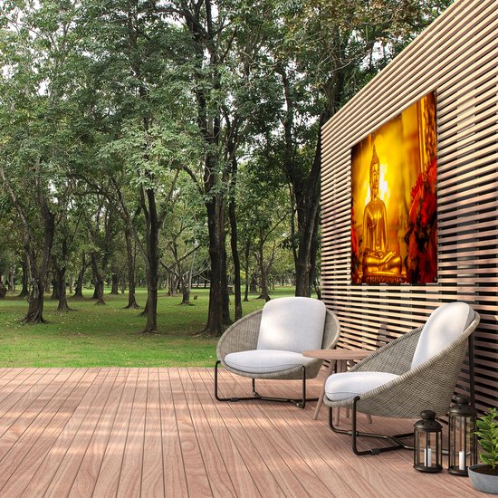 Gards Poster de jardin Statue Bouddha doré - 150x100 cm - Toile de jardin - Décoration de jardin - Décoration murale extérieure - Tableau de jardin