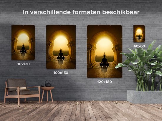 Gards Poster de jardin Homme faisant du Yoga dans un temple de Bouddha - 100x150 cm - Toile de jardin - Décoration de jardin - Décoration murale extérieur - Tableau de jardin