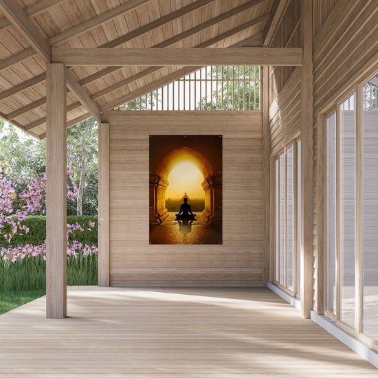 Gards Poster de jardin Homme faisant du Yoga dans un temple de Bouddha - 100x150 cm - Toile de jardin - Décoration de jardin - Décoration murale extérieur - Tableau de jardin