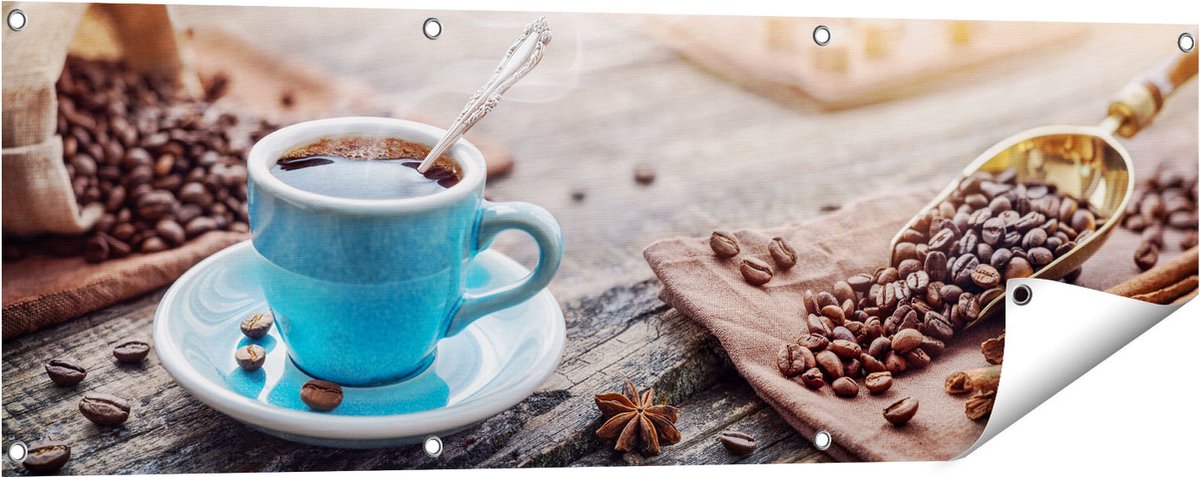 Gards Tuinposter Blauw Kopje Koffie met Koffiebonen - 120x40 cm - Tuindoek - Tuindecoratie - Wanddecoratie buiten - Tuinschilderij Multikleur