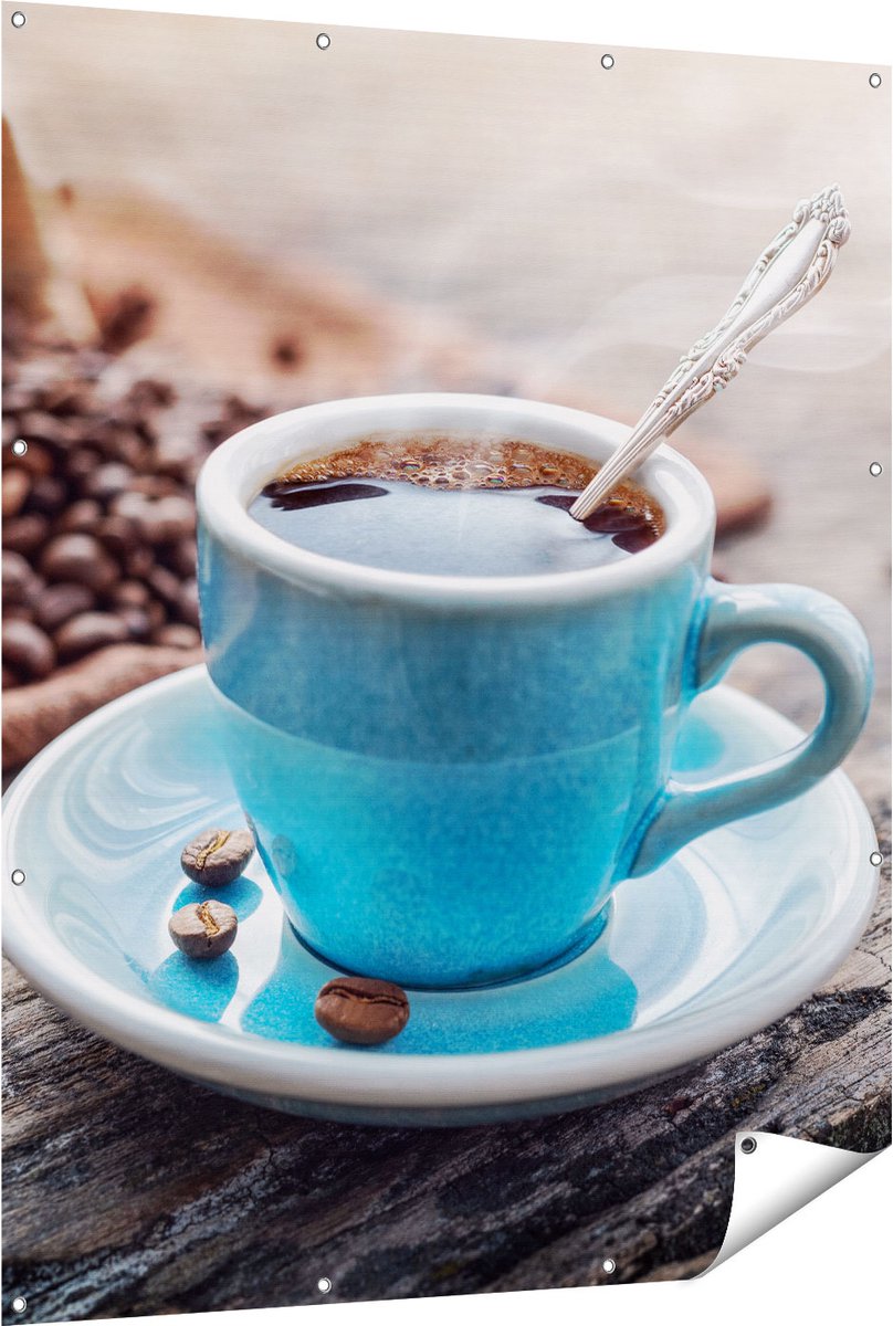 Gards Tuinposter Blauw Kopje Koffie met Koffiebonen - 120x150 cm - Tuindoek - Tuindecoratie - Wanddecoratie buiten - Tuinschilderij Multikleur