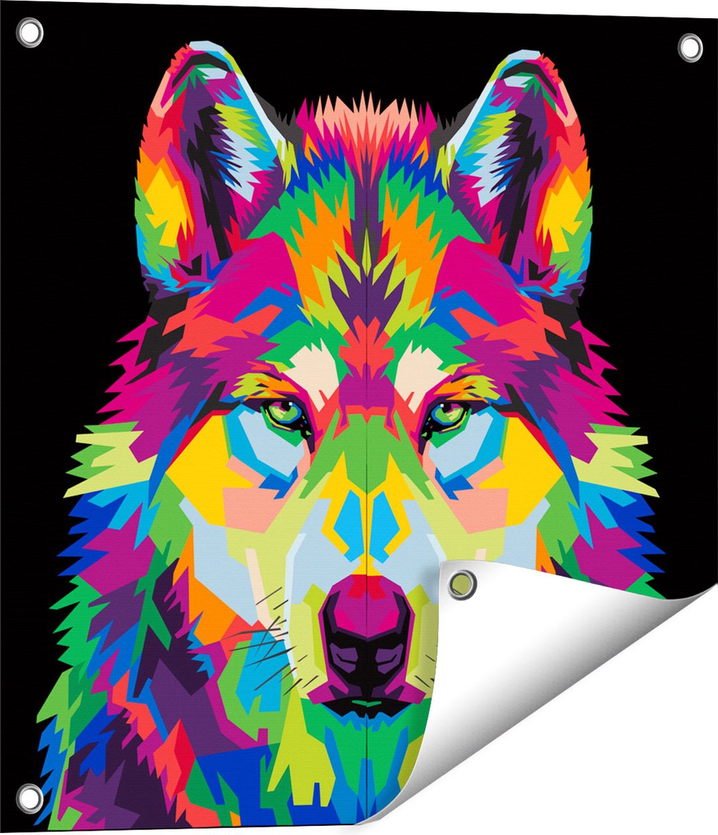Gards Tuinposter Gekleurde Wolvenkop - Wolf - Abstract - 50x50 cm - Tuindoek - Tuindecoratie - Wanddecoratie buiten - Tuinschilderij Multikleur