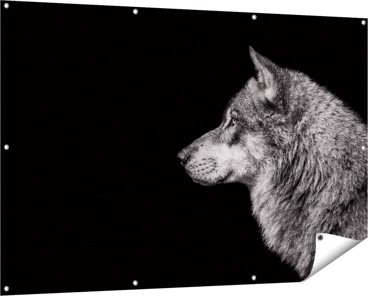 Gards Tuinposter Wolvenkop - Wolf - Zwart Wit - 150x100 cm - Tuindoek - Tuindecoratie - Wanddecoratie buiten - Tuinschilderij Multikleur
