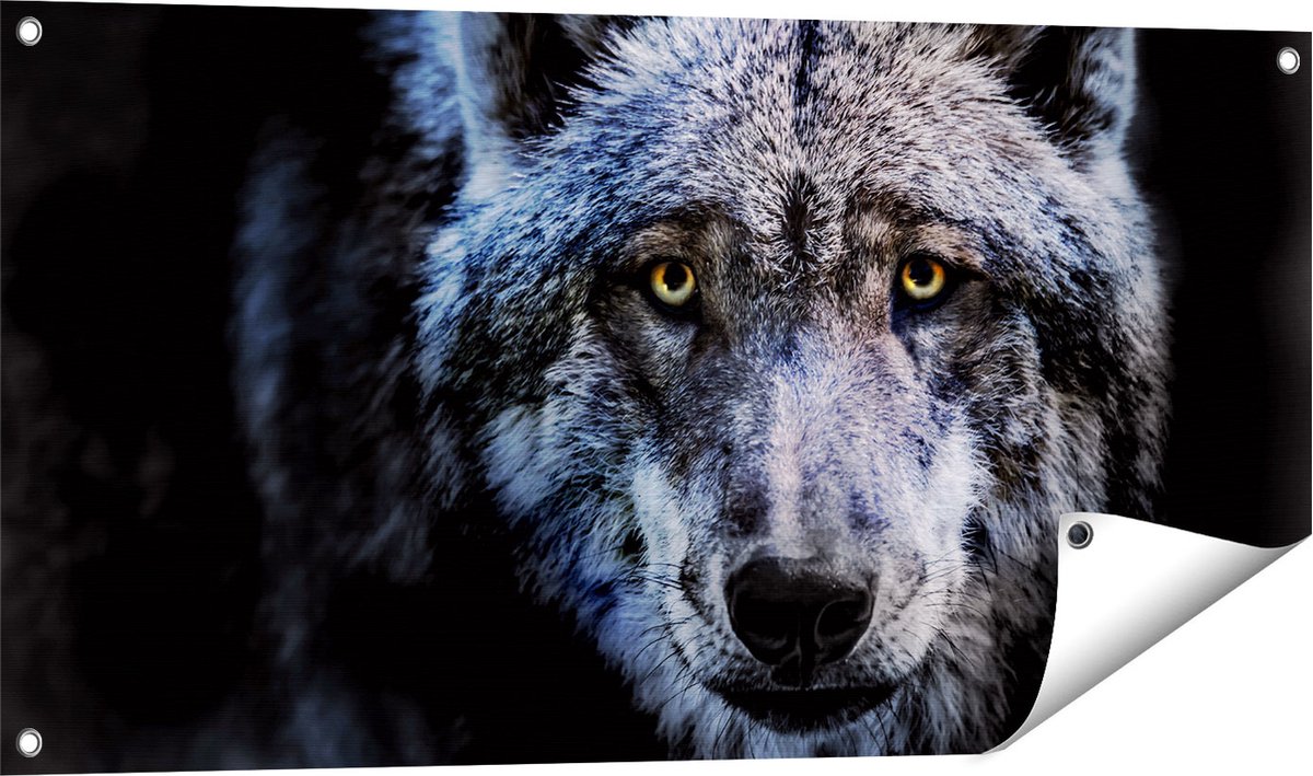 Gards Tuinposter Grijze Wolvenkop - Wolf - 100x50 cm - Tuindoek - Tuindecoratie - Wanddecoratie buiten - Tuinschilderij Multikleur