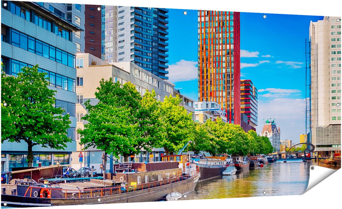 Gards Tuinposter Rotterdamse Gracht met Boten - 200x100 cm - Tuindoek - Tuindecoratie - Wanddecoratie buiten - Tuinschilderij Multikleur