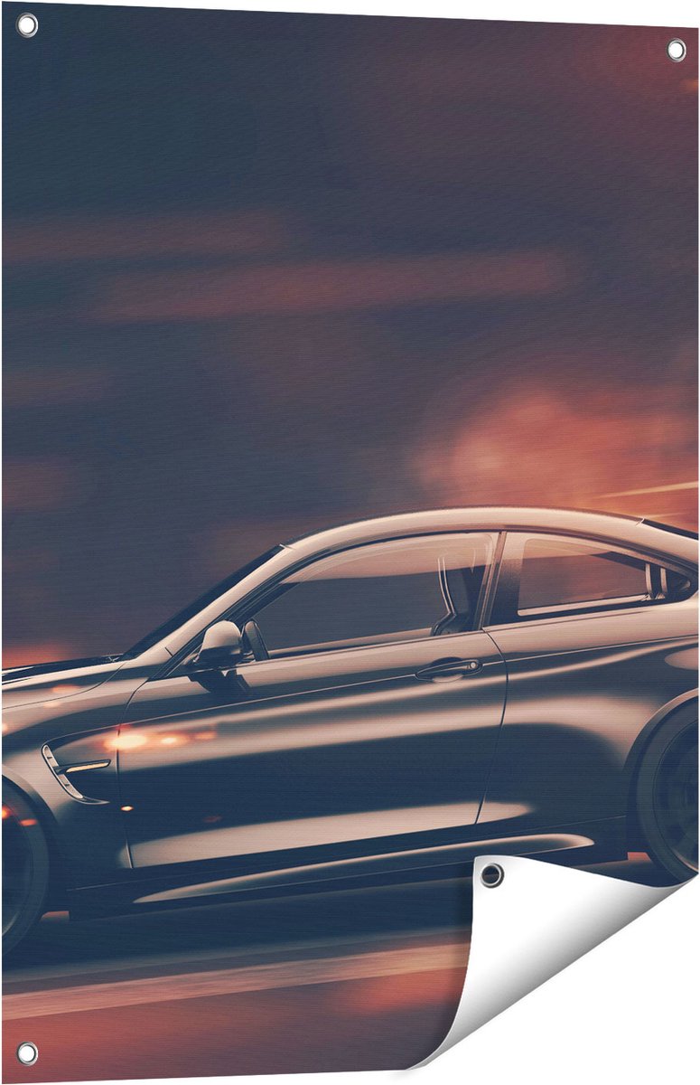 Gards Tuinposter Zwarte Sportwagen Auto met Vlammen - 60x80 cm - Tuindoek - Tuindecoratie - Wanddecoratie buiten - Tuinschilderij Multikleur