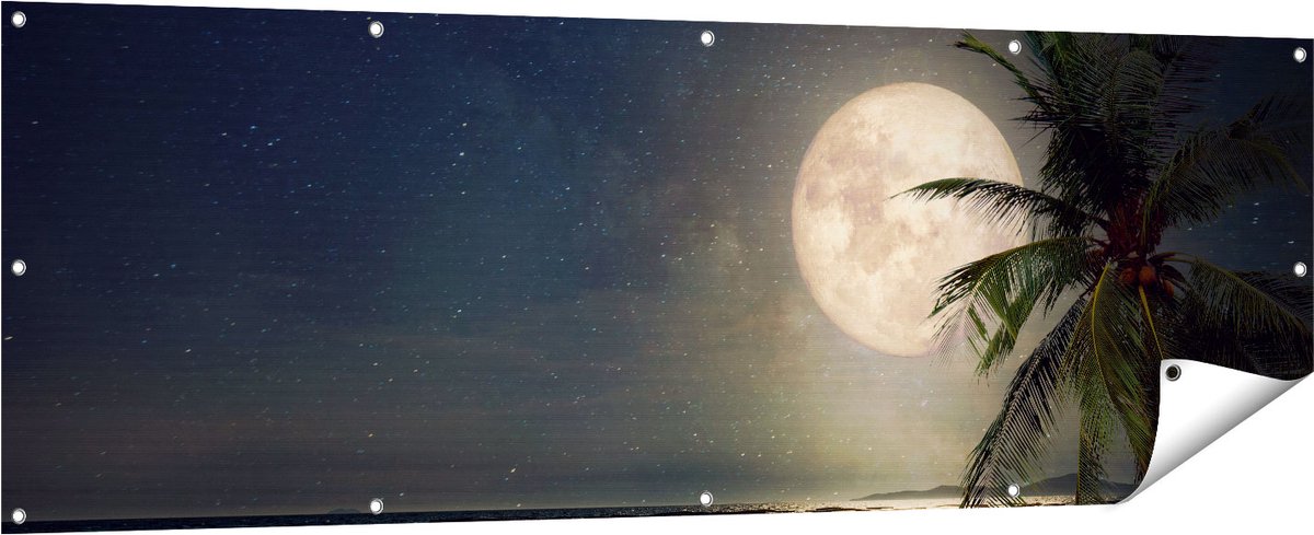 Gards Tuinposter Tropisch Strand in de Nacht met Volle Maan - 180x60 cm - Tuindoek - Tuindecoratie - Wanddecoratie buiten - Tuinschilderij Multikleur