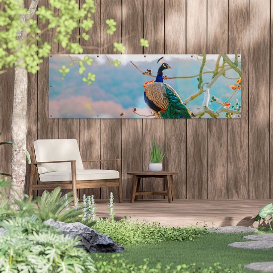 Affiche de jardin du Gards Paon dans les Arbres - 180x60 cm - Toile de jardin - Décoration de jardin - Décoration murale extérieure - Tableau de jardin