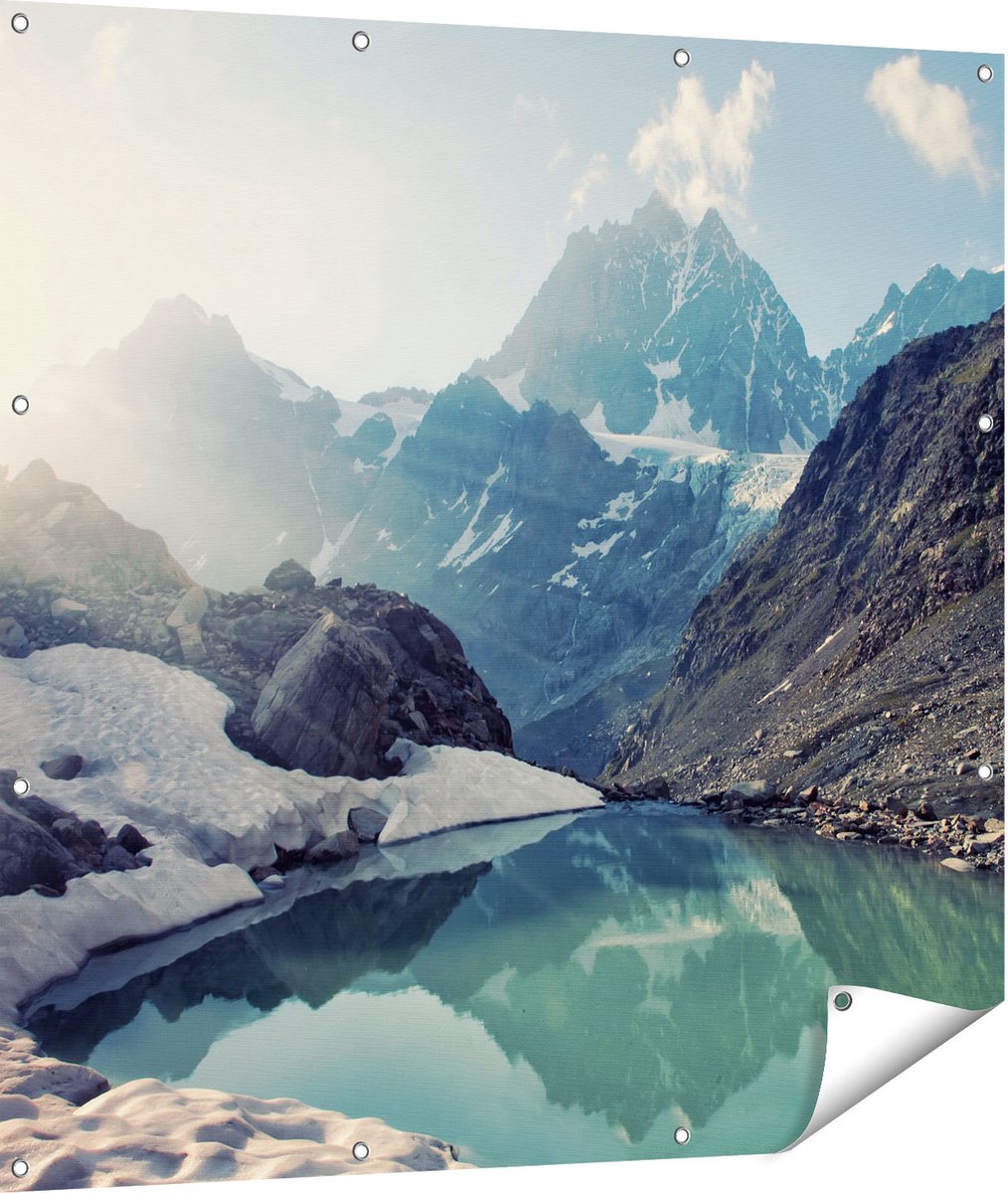 Gards Tuinposter Landschap berg meer - 110x110 cm - Tuindoek - Tuindecoratie - Wanddecoratie buiten - Tuinschilderij Multikleur