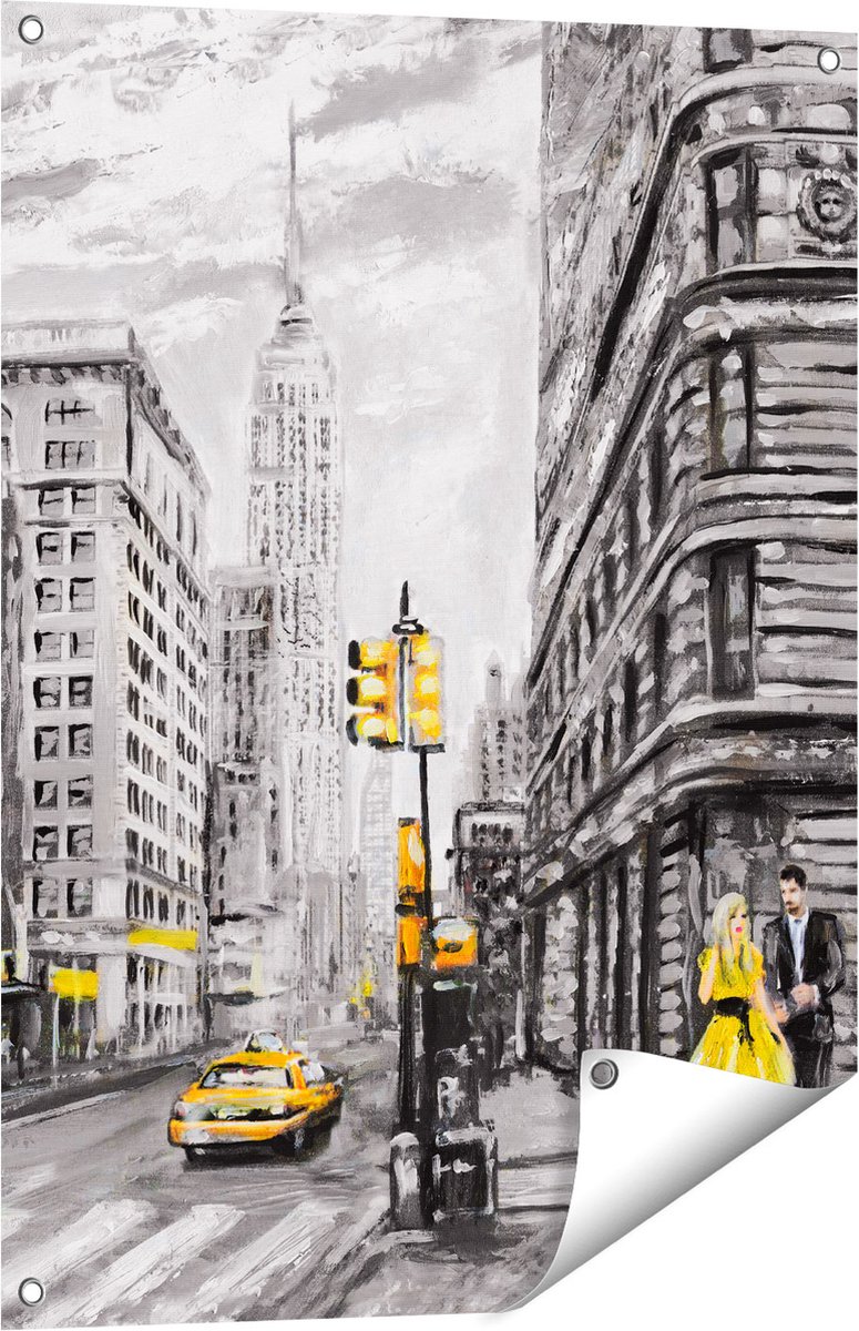 Gards Tuinposter Geschilderde New York Tekening - Zwart Wit - 60x80 cm - Tuindoek - Tuindecoratie - Wanddecoratie buiten - Tuinschilderij Multikleur