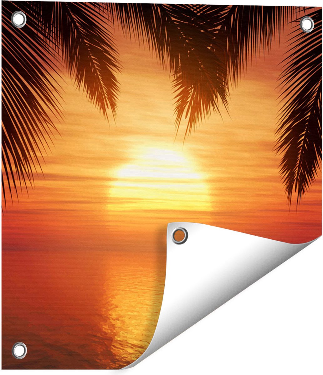 Gards Tuinposter Zonsondergang op het Strand met Palmbomen - 40x40 cm - Tuindoek - Tuindecoratie - Wanddecoratie buiten - Tuinschilderij Multikleur