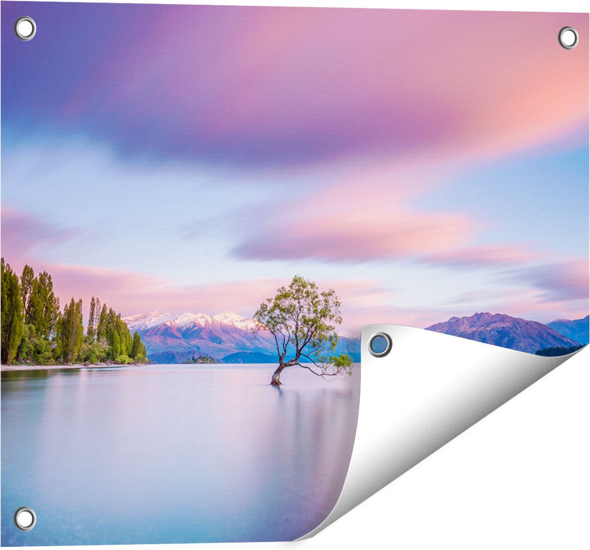 Gards Tuinposter Wanaka Boom in het Water bij Zonsopgang - 50x40 cm - Tuindoek - Tuindecoratie - Wanddecoratie buiten - Tuinschilderij Multikleur