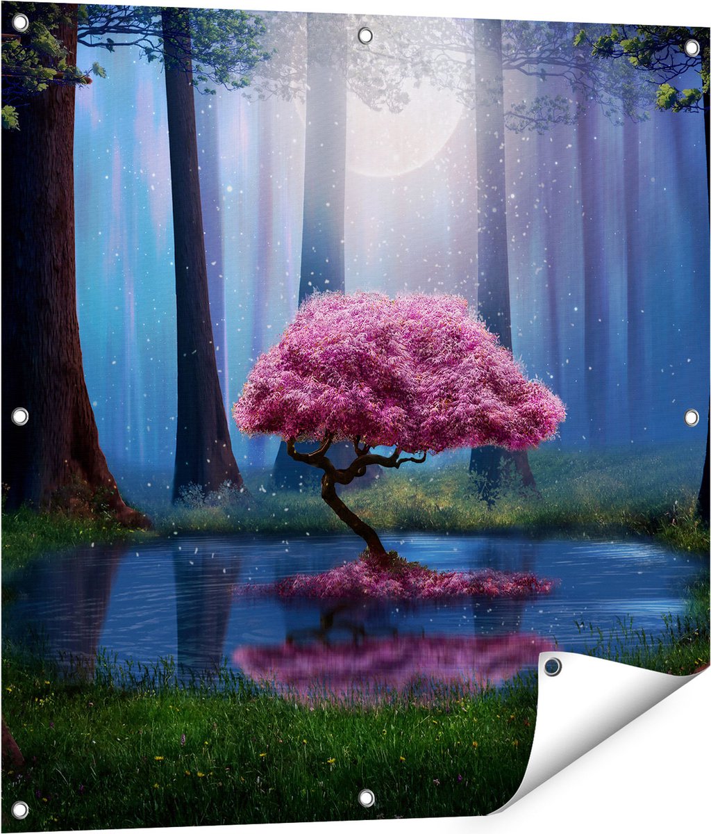 Gards Tuinposter Roze Boom op een Vijver in de Nacht - 80x80 cm - Tuindoek - Tuindecoratie - Wanddecoratie buiten - Tuinschilderij Multikleur