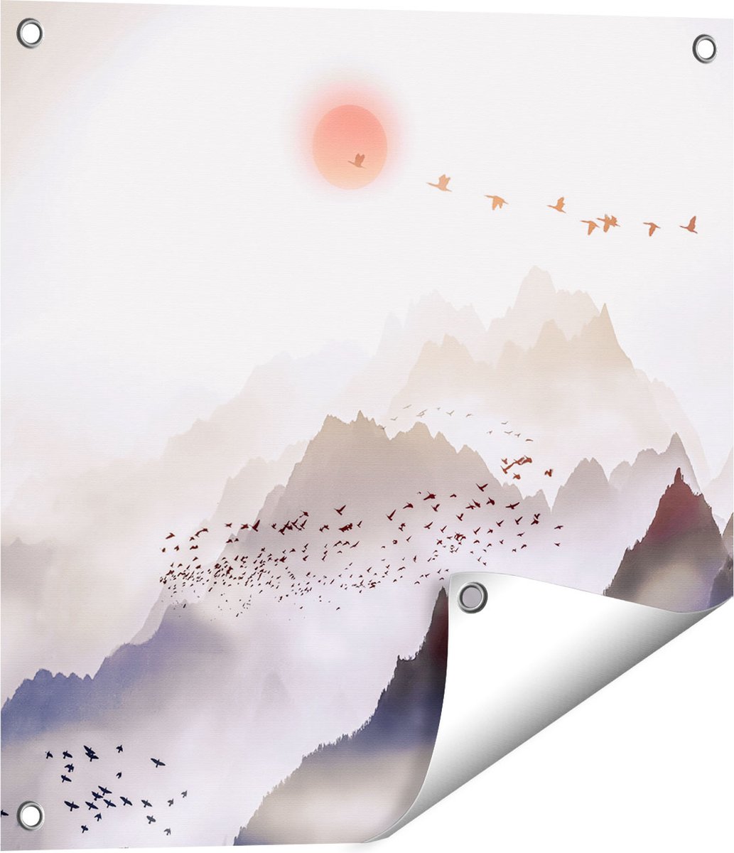 Gards Tuinposter Bergenlandschap met een Boom - Abstract - 50x50 cm - Tuindoek - Tuindecoratie - Wanddecoratie buiten - Tuinschilderij Multikleur