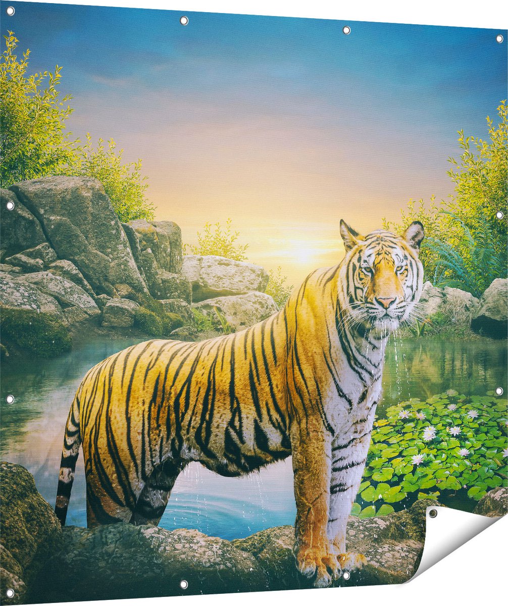 Gards Tuinposter Luipaard in een Vijver bij Zonsondergang - 120x120 cm - Tuindoek - Tuindecoratie - Wanddecoratie buiten - Tuinschilderij Multikleur
