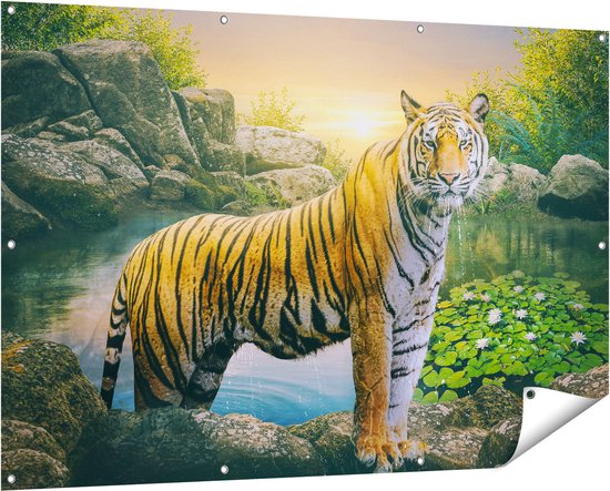 Gards Tuinposter Luipaard in een Vijver bij Zonsondergang - 150x100 cm - Tuindoek - Tuindecoratie - Wanddecoratie buiten - Tuinschilderij