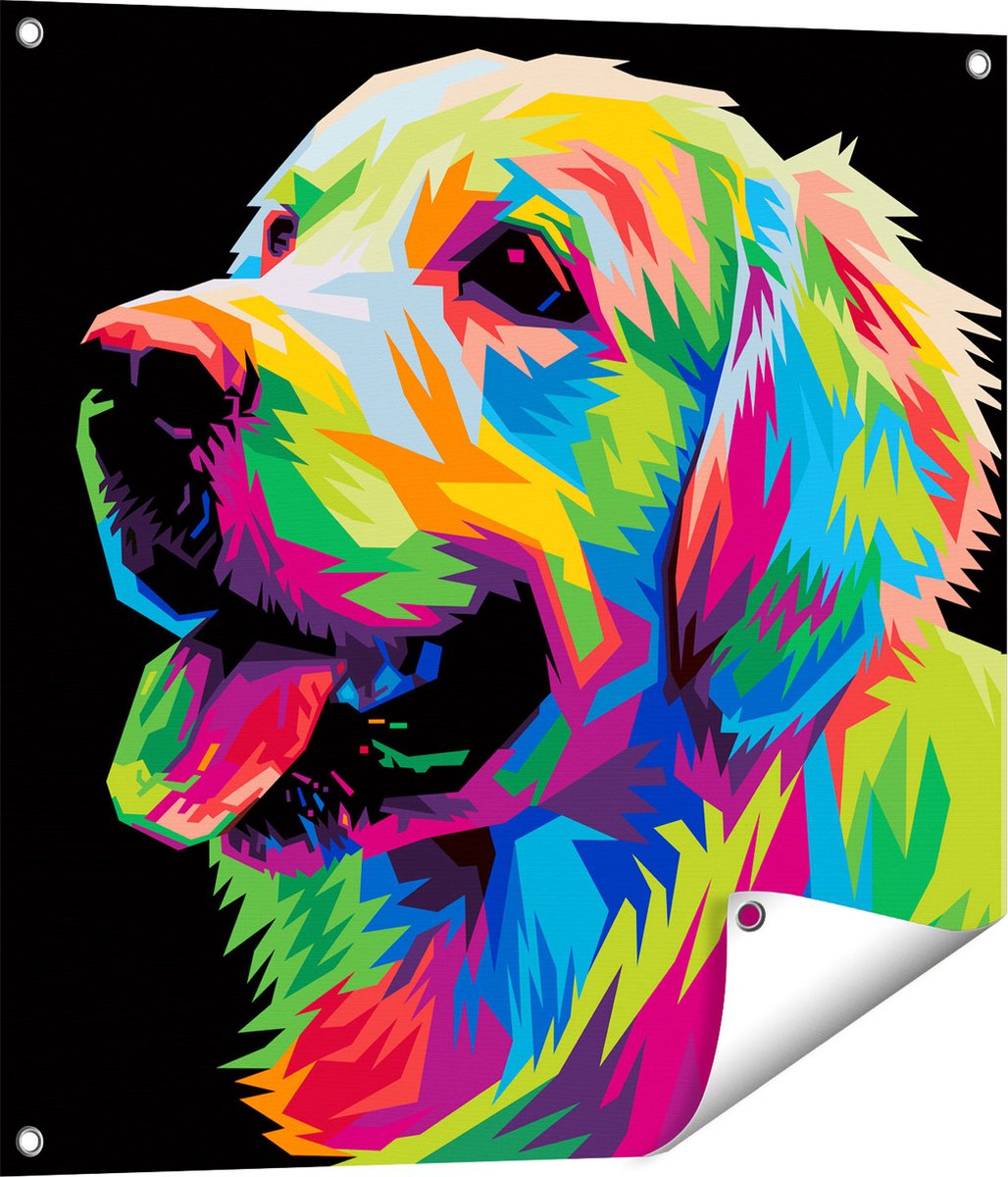 Gards Tuinposter Kleurrijke Hond - Abstract - 70x70 cm - Tuindoek - Tuindecoratie - Wanddecoratie buiten - Tuinschilderij Multikleur
