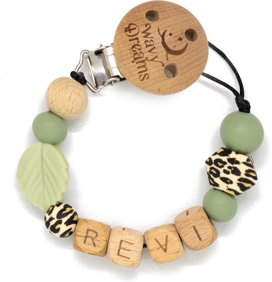 Wavy Dreams - Combiset Speenkoord & Sleutelhanger / Luiertashanger - Speenkoord met naam - Jongen - Kraamcadeau - Groen - Speenketting met naam - Sleutelhanger met naam - Model Revi van Wavy Dreams — afbeelding 5