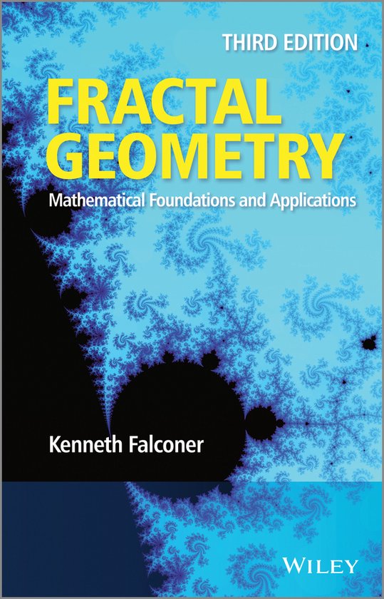 Couverture du livre Fractal Geometry, Third Edition, par Kenneth Falconer. Avec des motifs fractals bleus et noirs.