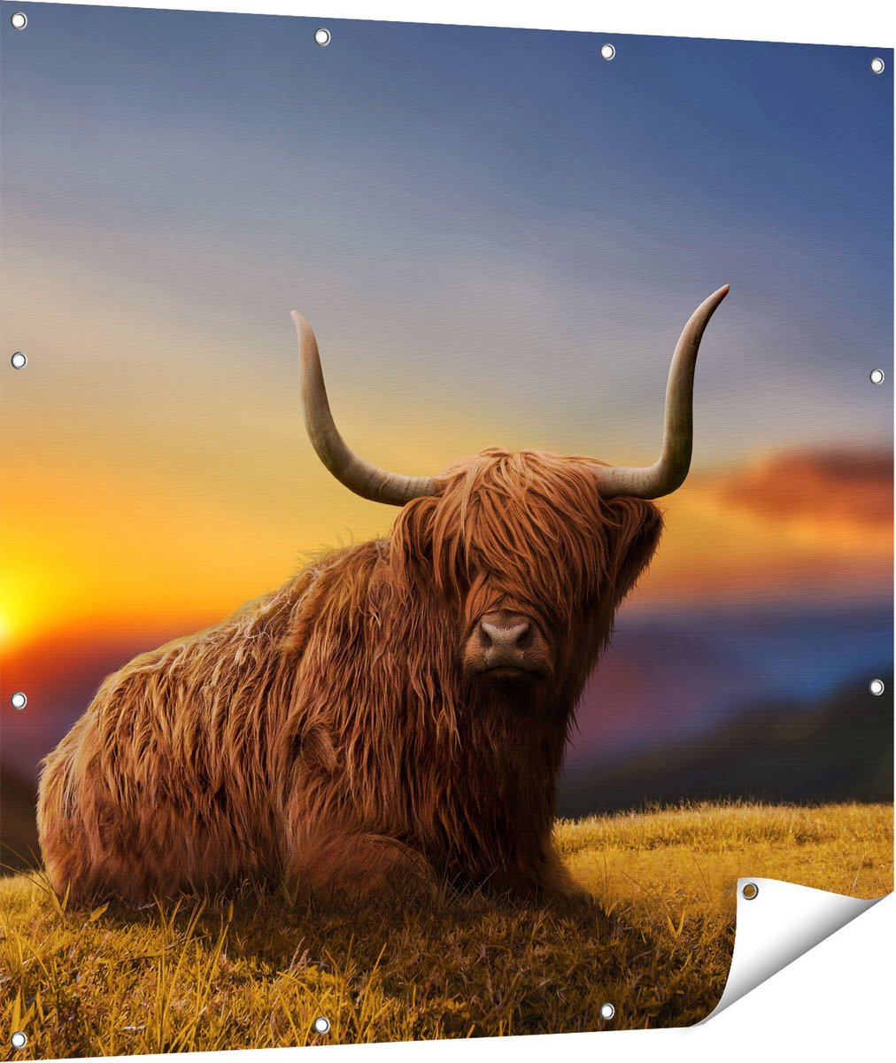 Gards Tuinposter Schotse Hooglander Koe op een Heuvel - 110x110 cm - Tuindoek - Tuindecoratie - Wanddecoratie buiten - Tuinschilderij Multikleur