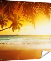 Gards Tuinposter Tropisch Strand tijdens Zonsondergang - 110x110 cm - Tuindoek - Tuindecoratie - Wanddecoratie buiten - Tuinschilderij
