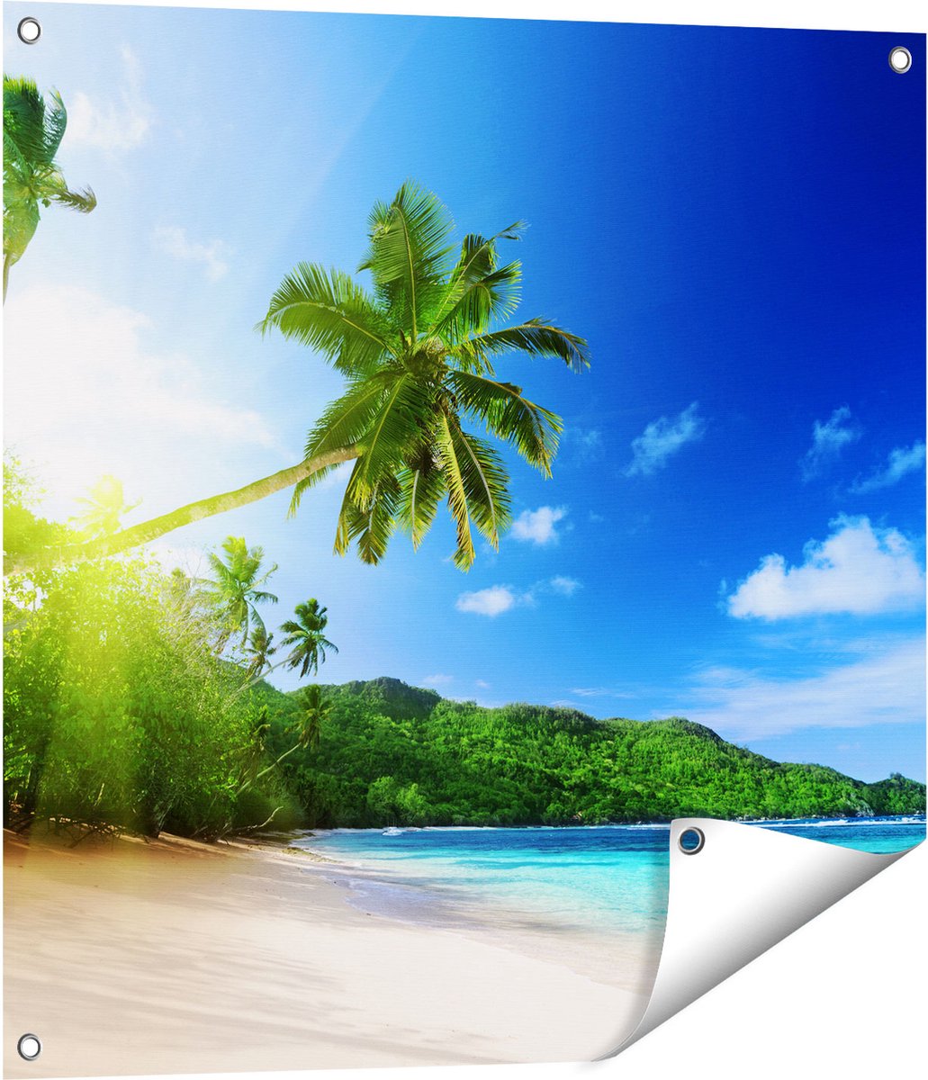 Gards Tuinposter Strand tijdens Zonsondergang in Seychellen - 70x70 cm - Tuindoek - Tuindecoratie - Wanddecoratie buiten - Tuinschilderij Multikleur