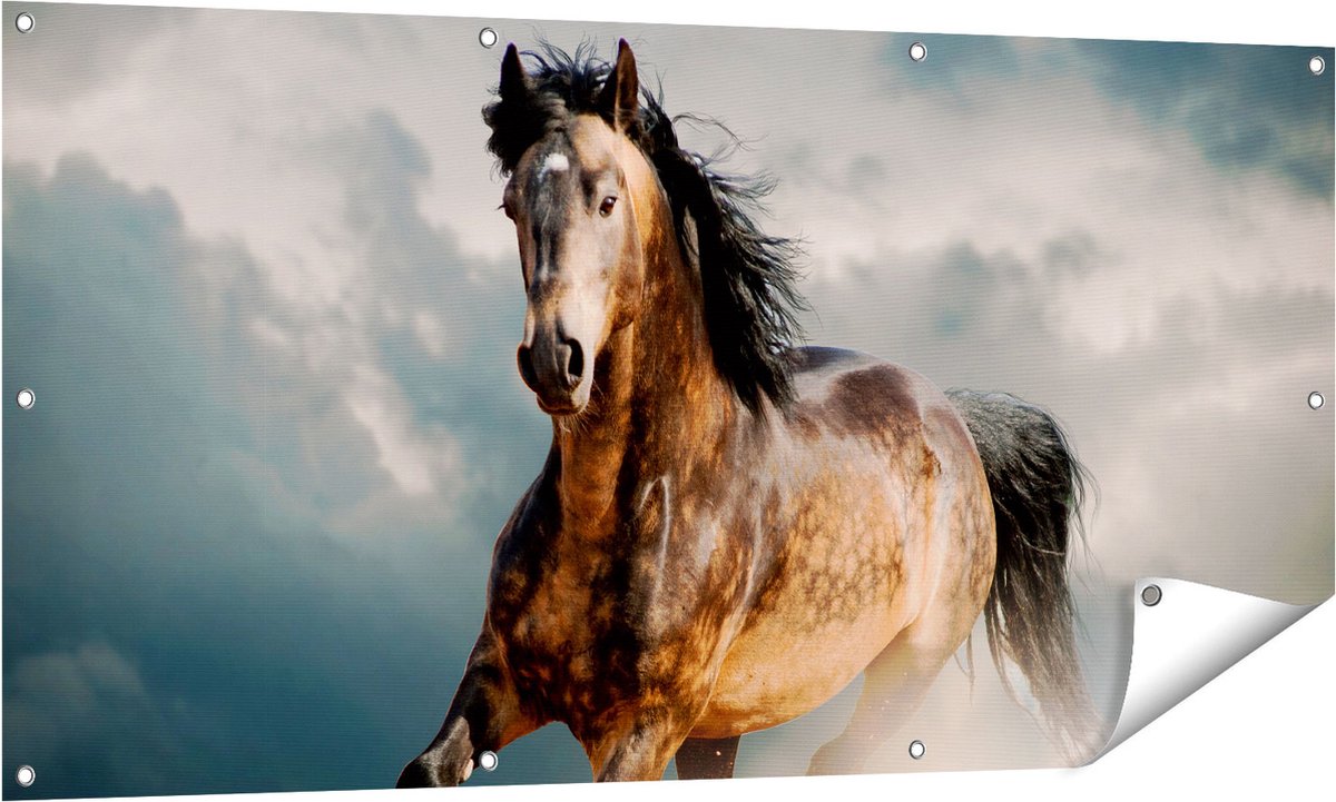 Gards Tuinposter Wilde Paard in het Zand - 140x70 cm - Tuindoek - Tuindecoratie - Wanddecoratie buiten - Tuinschilderij Multikleur