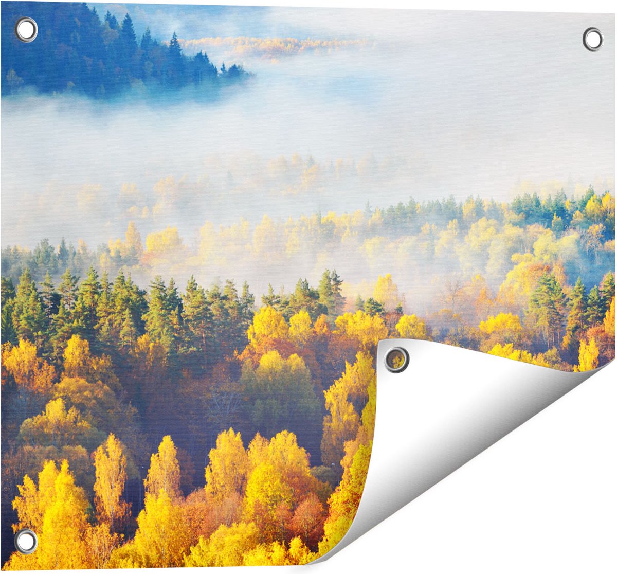 Gards Tuinposter Gekleurde Herfstbos met Mist - 50x40 cm - Tuindoek - Tuindecoratie - Wanddecoratie buiten - Tuinschilderij Multikleur