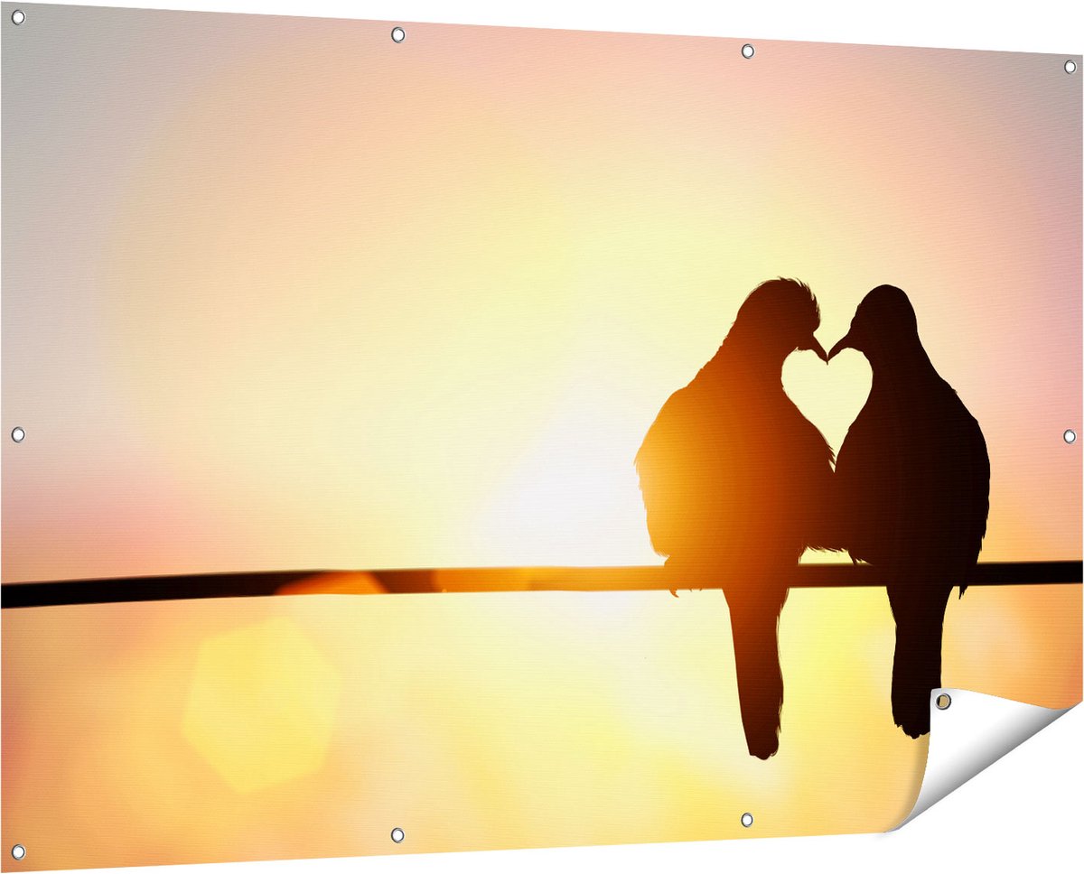 Gards Tuinposter Twee Silhouet Vogels in een Hart Vorm - 150x100 cm - Tuindoek - Tuindecoratie - Wanddecoratie buiten - Tuinschilderij Multikleur