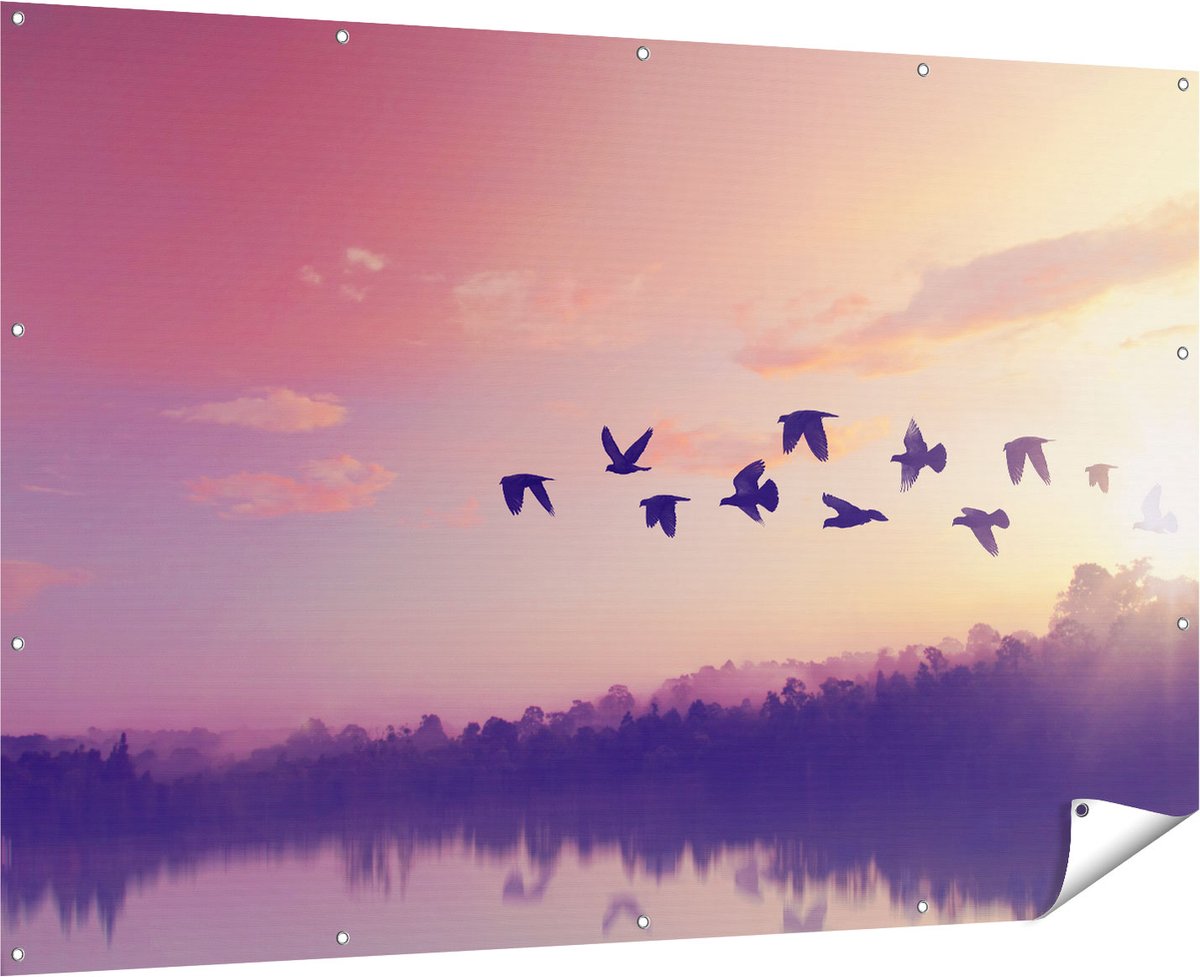 Gards Tuinposter Silhouet Vogels tijdens Zonsondergang - 180x120 cm - Tuindoek - Tuindecoratie - Wanddecoratie buiten - Tuinschilderij Multikleur