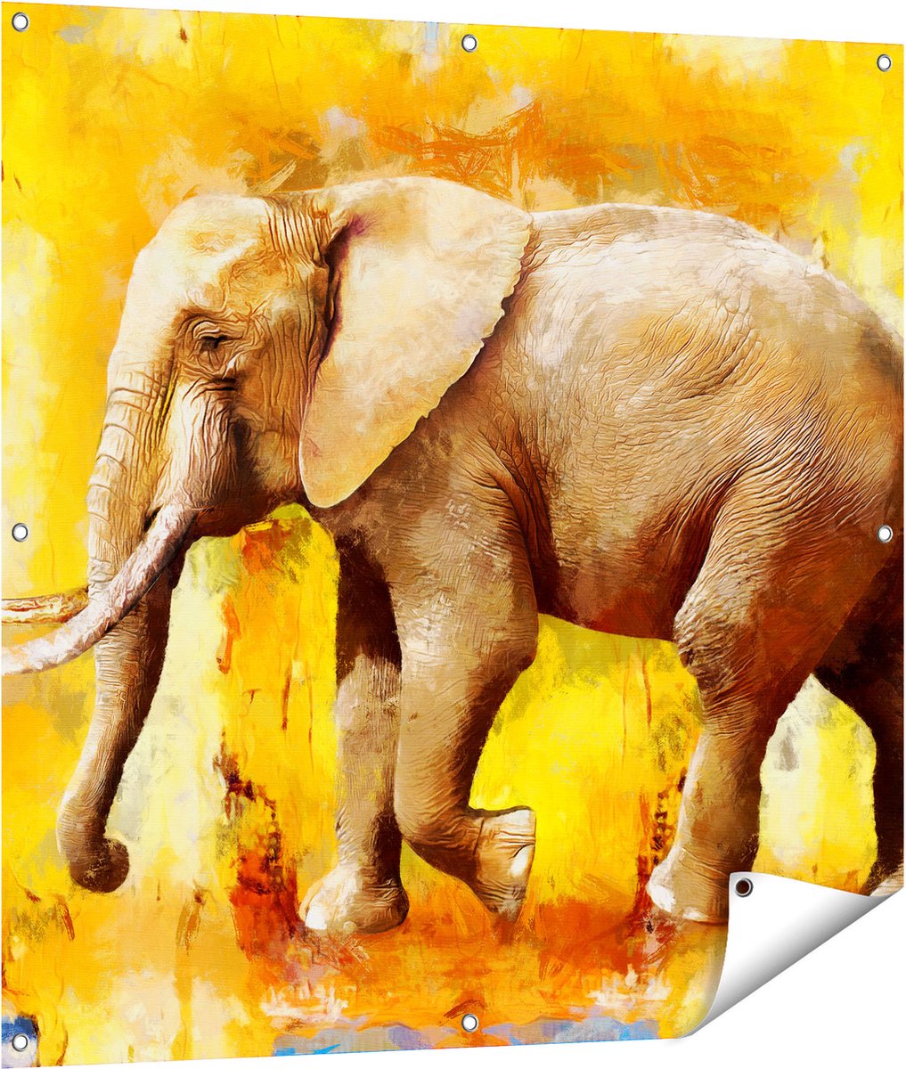 Gards Tuinposter Geschilderde Olifant Olieverf - Abstract - 100x100 cm - Tuindoek - Tuindecoratie - Wanddecoratie buiten - Tuinschilderij Multikleur
