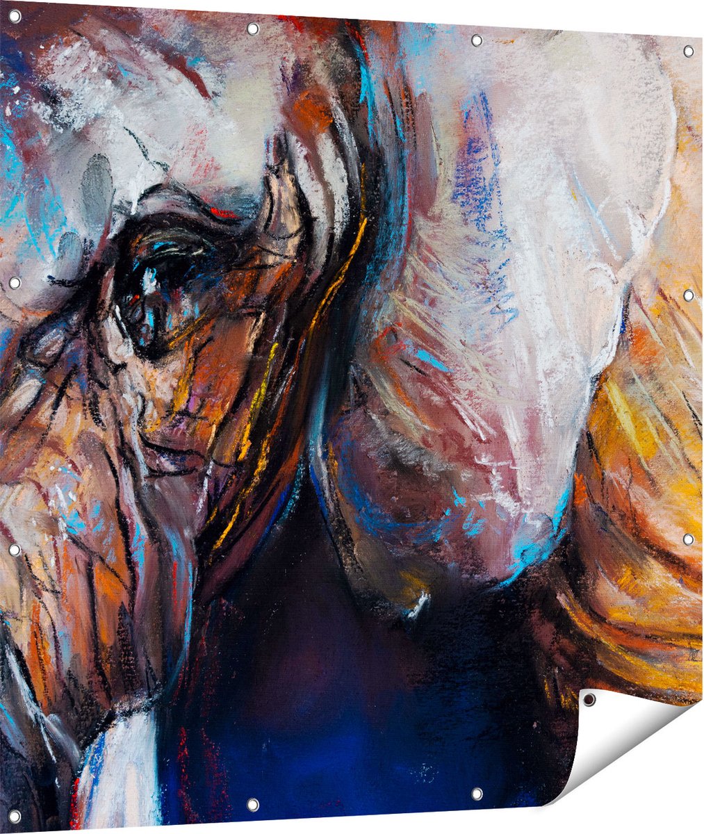 Gards Tuinposter Getekende Olifant van Dichtbij - Abstract - 110x110 cm - Tuindoek - Tuindecoratie - Wanddecoratie buiten - Tuinschilderij Multikleur