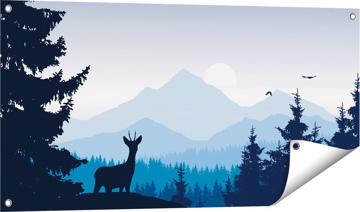 Gards Tuinposter Hert in het Bos - Silhouet - 100x50 cm - Tuindoek - Tuindecoratie - Wanddecoratie buiten - Tuinschilderij Multikleur