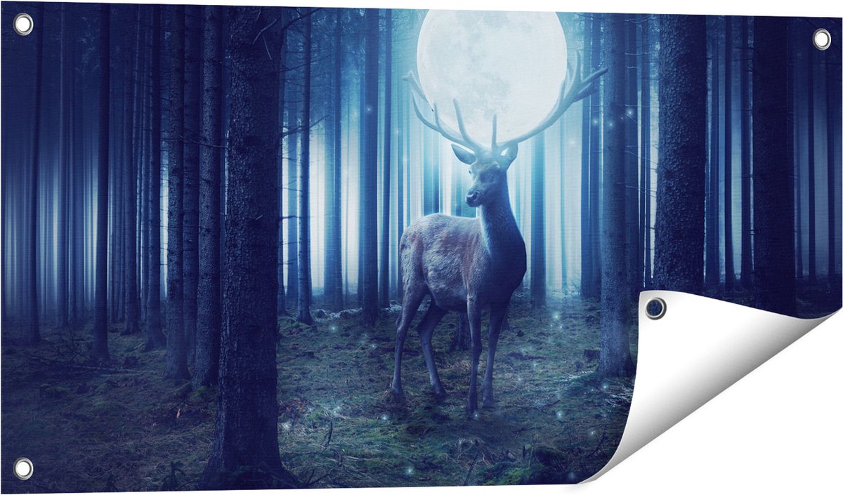 Gards Tuinposter Hert in het Bos tijdens Volle Maan - 80x40 cm - Tuindoek - Tuindecoratie - Wanddecoratie buiten - Tuinschilderij Multikleur