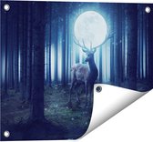 Gards Tuinposter Hert in het Bos tijdens Volle Maan - 50x40 cm - Tuindoek - Tuindecoratie - Wanddecoratie buiten - Tuinschilderij