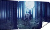 Gards Tuinposter Hert in het Bos tijdens Volle Maan - 140x70 cm - Tuindoek - Tuindecoratie - Wanddecoratie buiten - Tuinschilderij