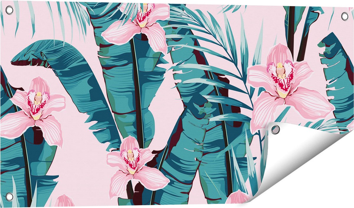 Gards Tuinposter Tropische Roze Zomer Bloemen met Bladeren - 80x40 cm - Tuindoek - Tuindecoratie - Wanddecoratie buiten - Tuinschilderij Multikleur