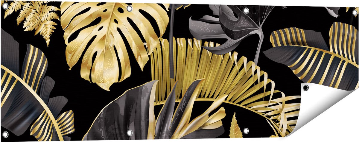Gards Tuinposter Gouden Tropische Bladeren - 120x40 cm - Tuindoek - Tuindecoratie - Wanddecoratie buiten - Tuinschilderij Multikleur