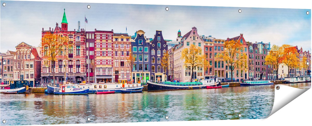 Gards Tuinposter Amsterdamse Huisjes vanaf de Gracht - 180x60 cm - Tuindoek - Tuindecoratie - Wanddecoratie buiten - Tuinschilderij Multikleur