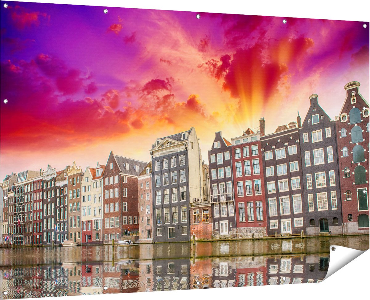 Gards Tuinposter Amsterdamse Huisjes bij het Kanaal - Kleur - 180x120 cm - Tuindoek - Tuindecoratie - Wanddecoratie buiten - Tuinschilderij Multikleur