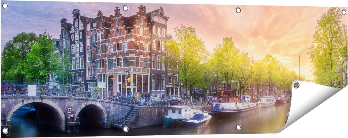 Gards Tuinposter Amsterdamse Grachten - 120x40 cm - Tuindoek - Tuindecoratie - Wanddecoratie buiten - Tuinschilderij Multikleur