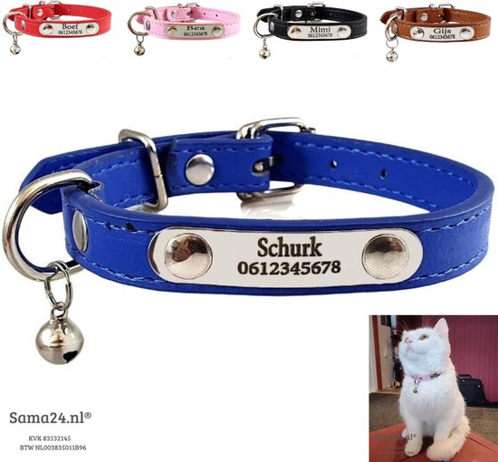 Halsband kat met belletje - Kattenhalsband naam en telefoonnummer - Kattenhalsbandje - XS Blauw