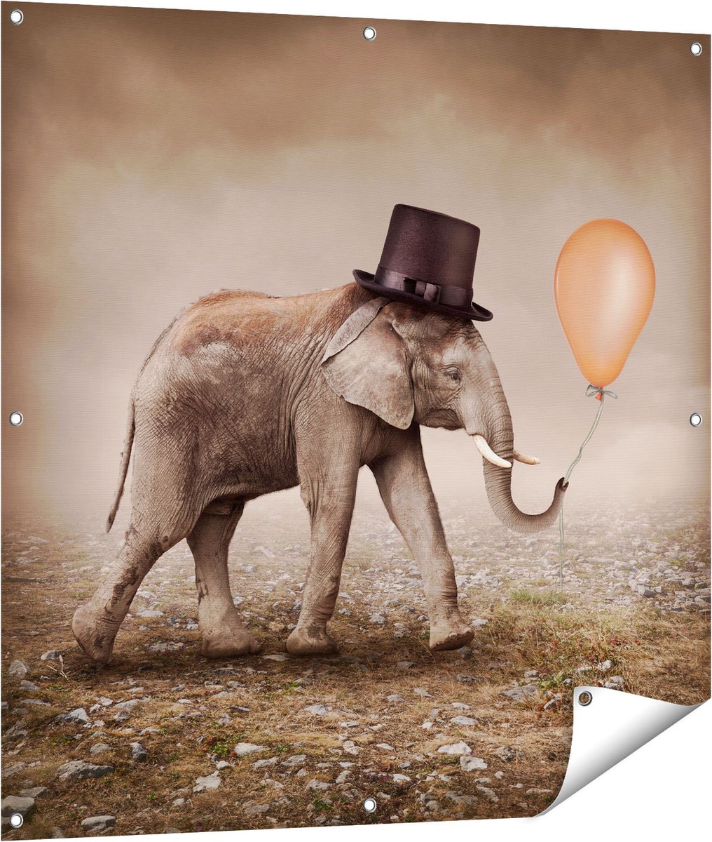 Gards Tuinposter Olifant met een Oranje Ballon - Hoedje - 100x100 cm - Tuindoek - Tuindecoratie - Wanddecoratie buiten - Tuinschilderij Multikleur