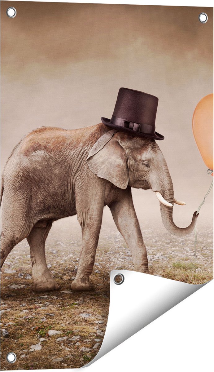 Gards Tuinposter Olifant met een Oranje Ballon - Hoedje - 40x60 cm - Tuindoek - Tuindecoratie - Wanddecoratie buiten - Tuinschilderij Multikleur