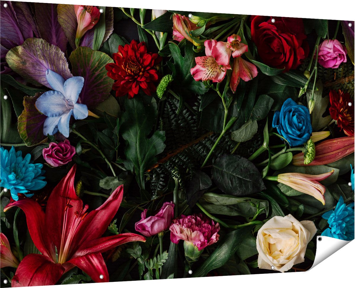 Gards Tuinposter Kleurrijke Bloemen met Groene Bladeren - 180x120 cm - Tuindoek - Tuindecoratie - Wanddecoratie buiten - Tuinschilderij Multikleur
