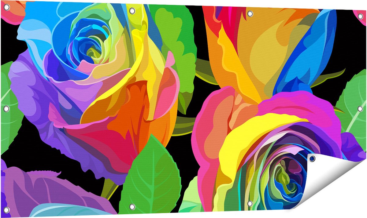 Gards Tuinposter Kleurrijke Rozen - Bloemen - Abstract - 120x60 cm - Tuindoek - Tuindecoratie - Wanddecoratie buiten - Tuinschilderij Multikleur